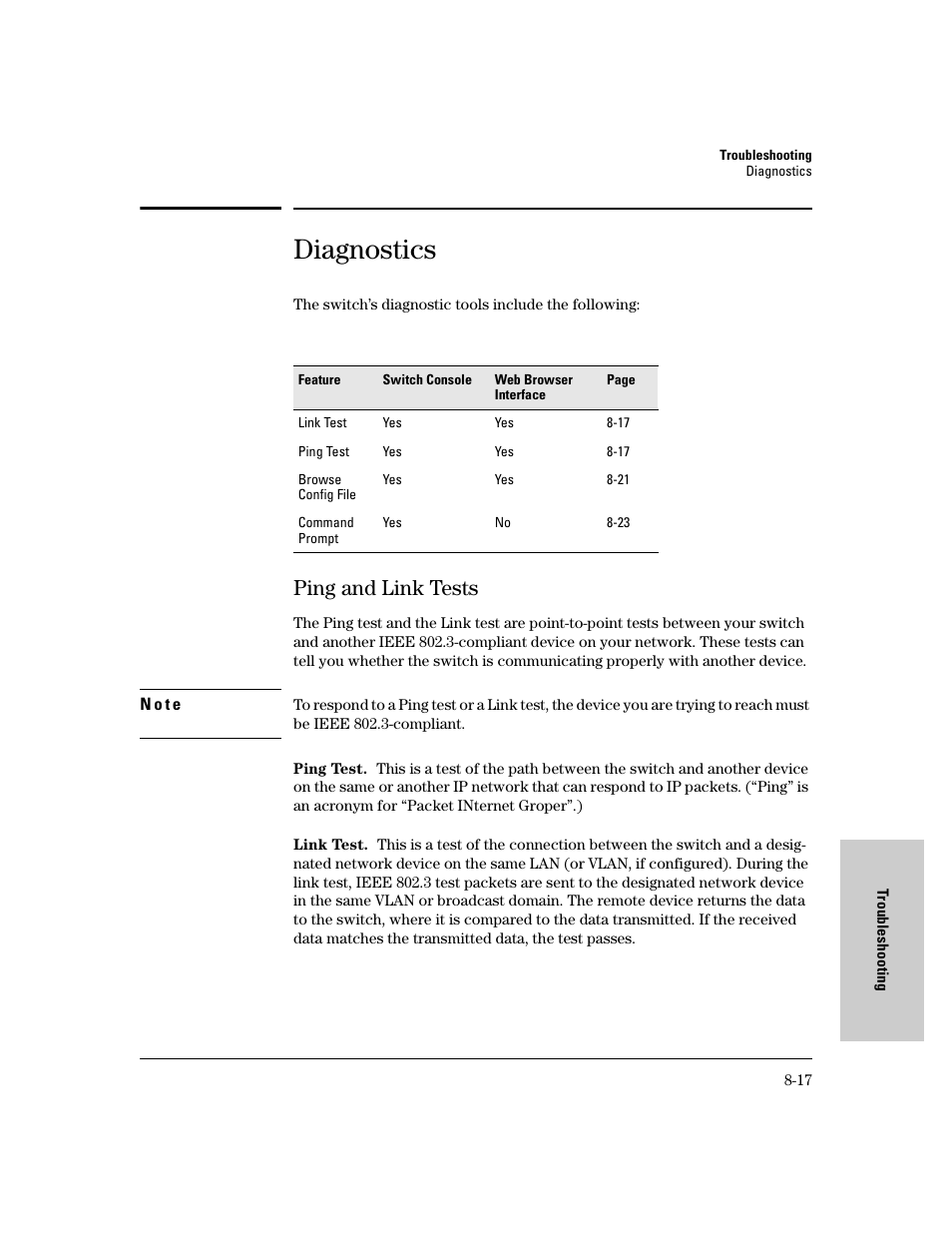 Diagnostics, Ping and link tests, Ping and link tests -17 | HP 8000M User Manual | Page 269 / 304