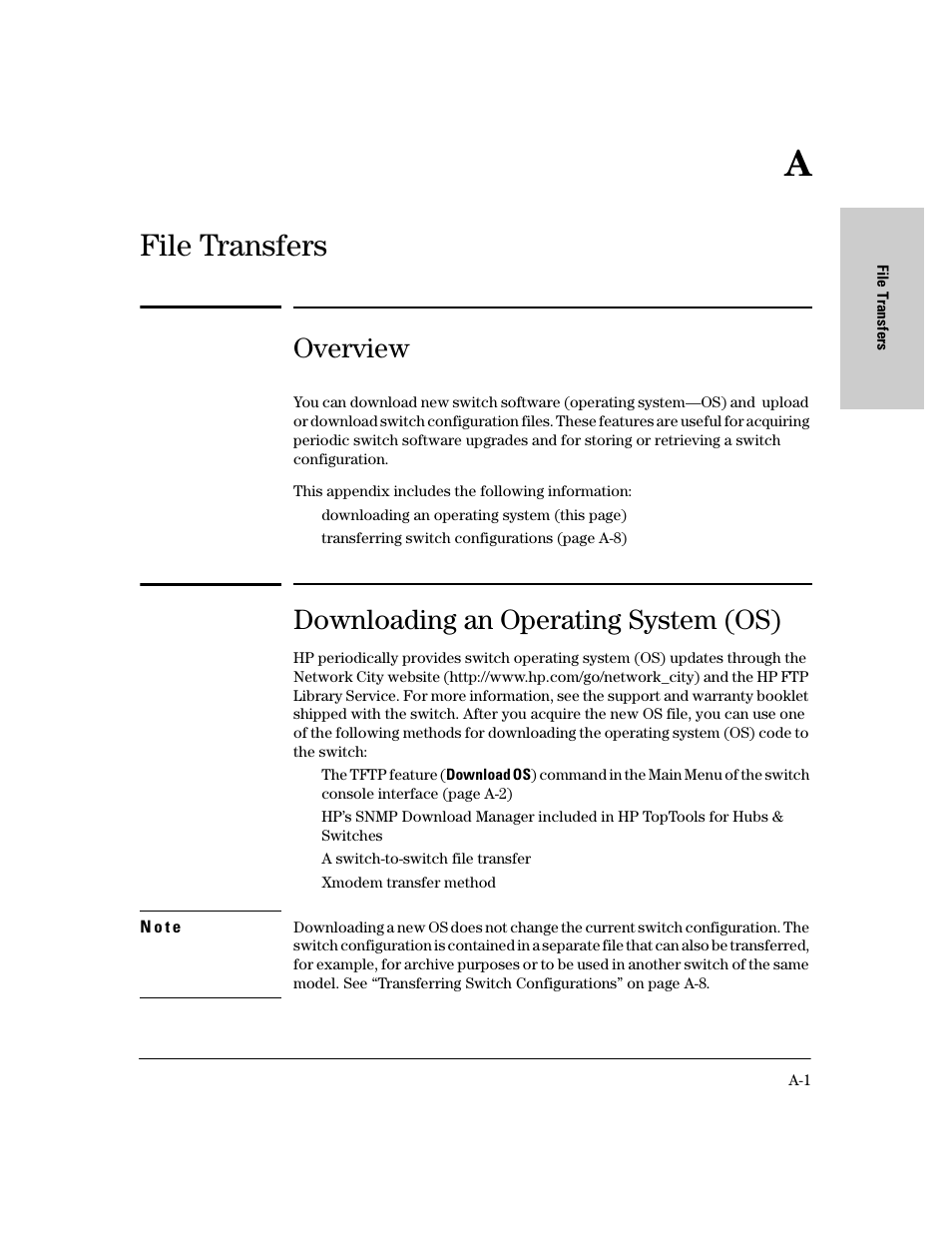 Appendix a: file transfers, Overview, Downloading an operating system (os) | A file transfers, File transfers | HP 8000M User Manual | Page 277 / 304