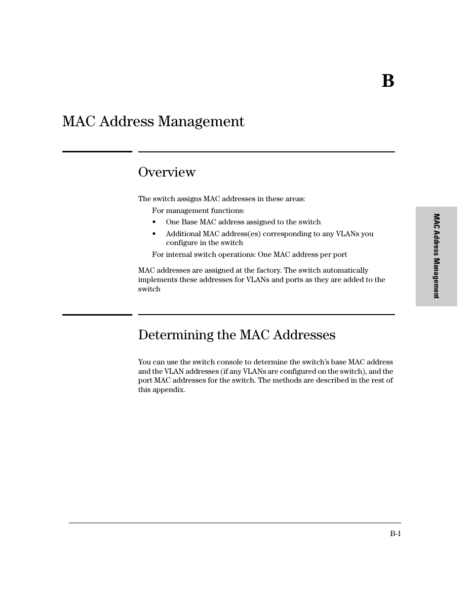 Appendix b: mac address management, Overview, Determining the mac addresses | B mac address management, Mac address management | HP 8000M User Manual | Page 287 / 304