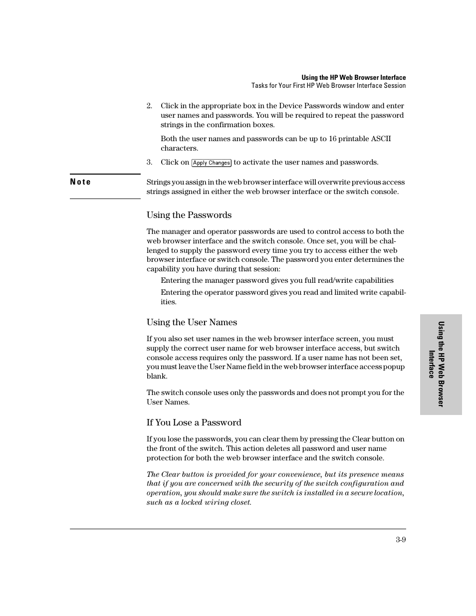 Using the passwords, Using the user names, If you lose a password | HP 8000M User Manual | Page 35 / 304