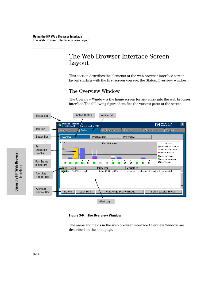 The web browser interface screen layout, The overview window, The overview window -14 | HP 8000M User Manual | Page 40 / 304