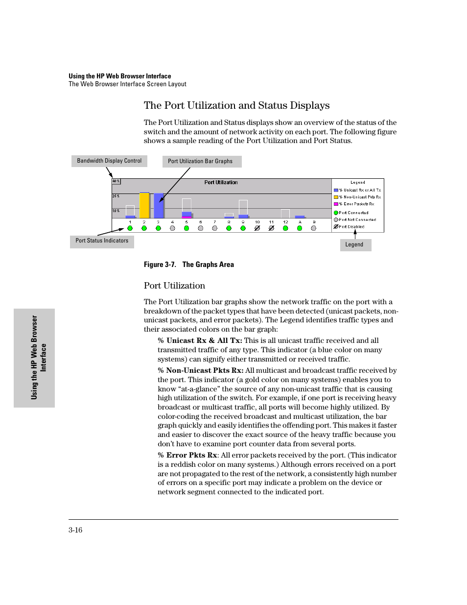 The port utilization and status displays, Port utilization, The port utilization and status displays -16 | Port utilization -16 | HP 8000M User Manual | Page 42 / 304