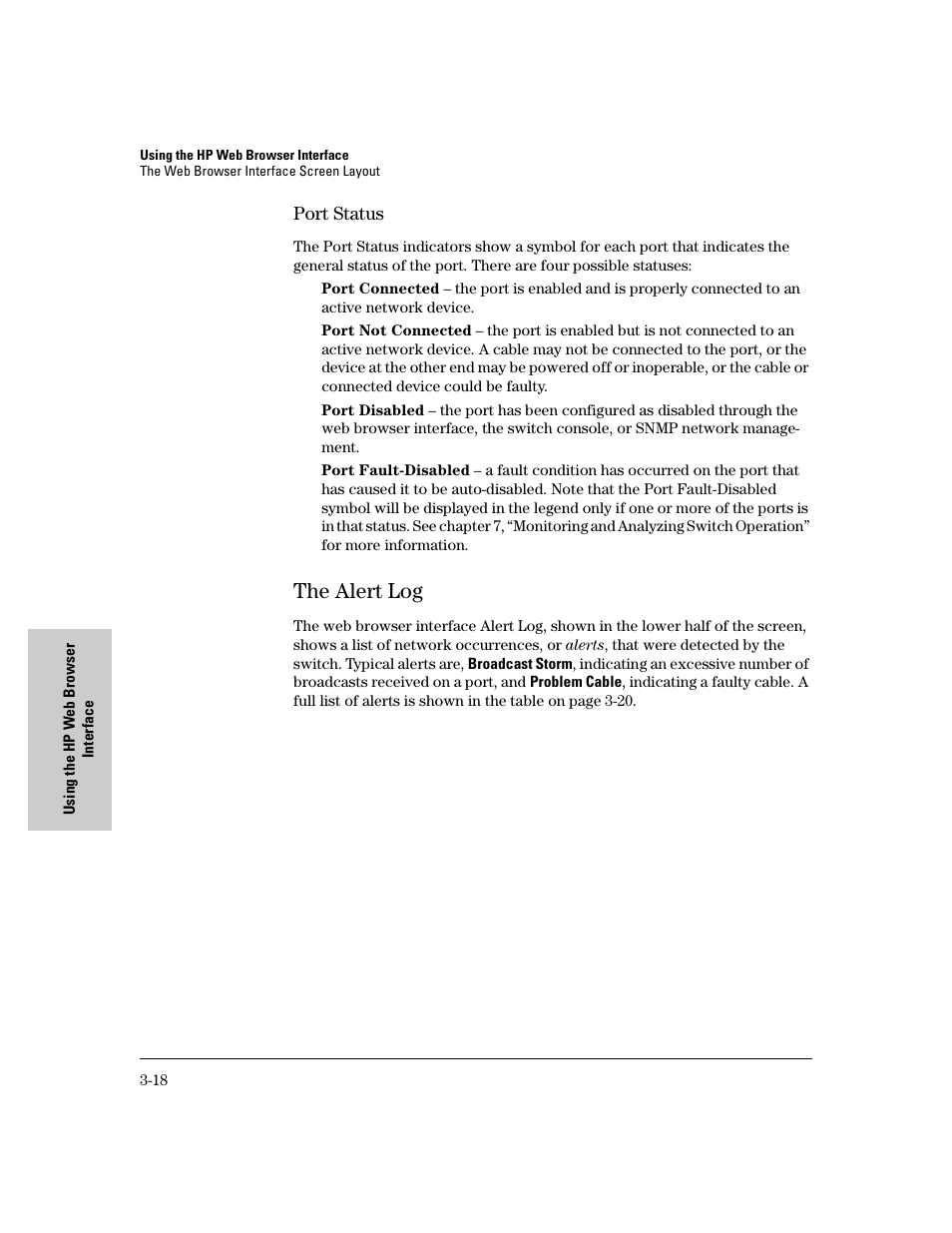 Port status, The alert log, Port status -18 | The alert log -18 | HP 8000M User Manual | Page 44 / 304