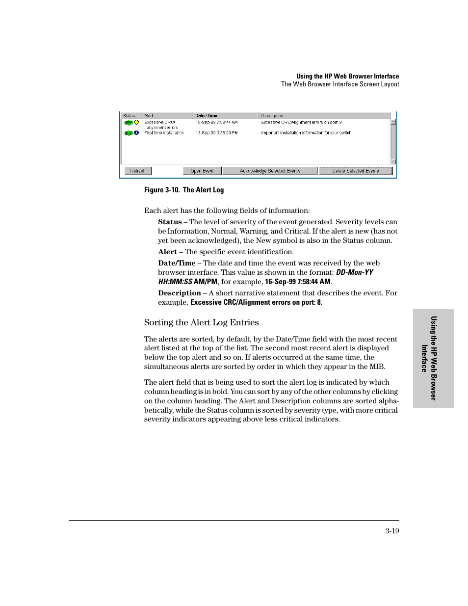 Sorting the alert log entries, Sorting the alert log entries -19 | HP 8000M User Manual | Page 45 / 304