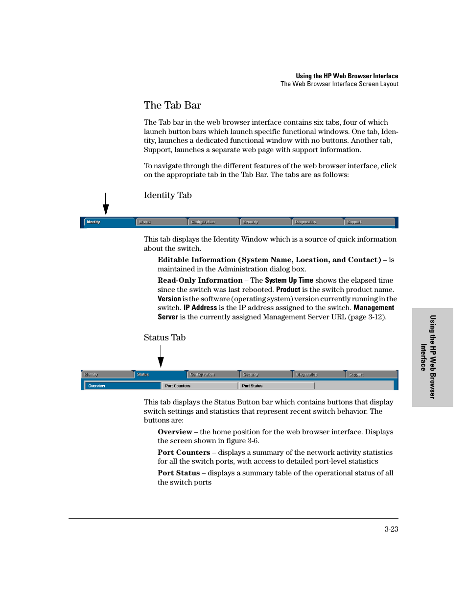 The tab bar, Identity tab, Status tab | The tab bar -23, Identity tab -23 status tab -23 | HP 8000M User Manual | Page 49 / 304