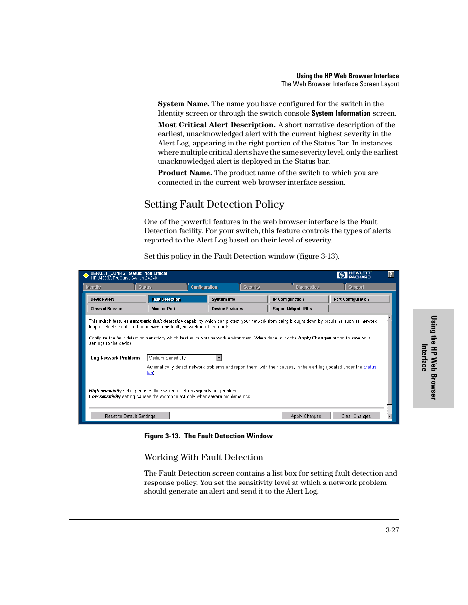 Setting fault detection policy, Working with fault detection, Setting fault detection policy -27 | Working with fault detection -27 | HP 8000M User Manual | Page 53 / 304