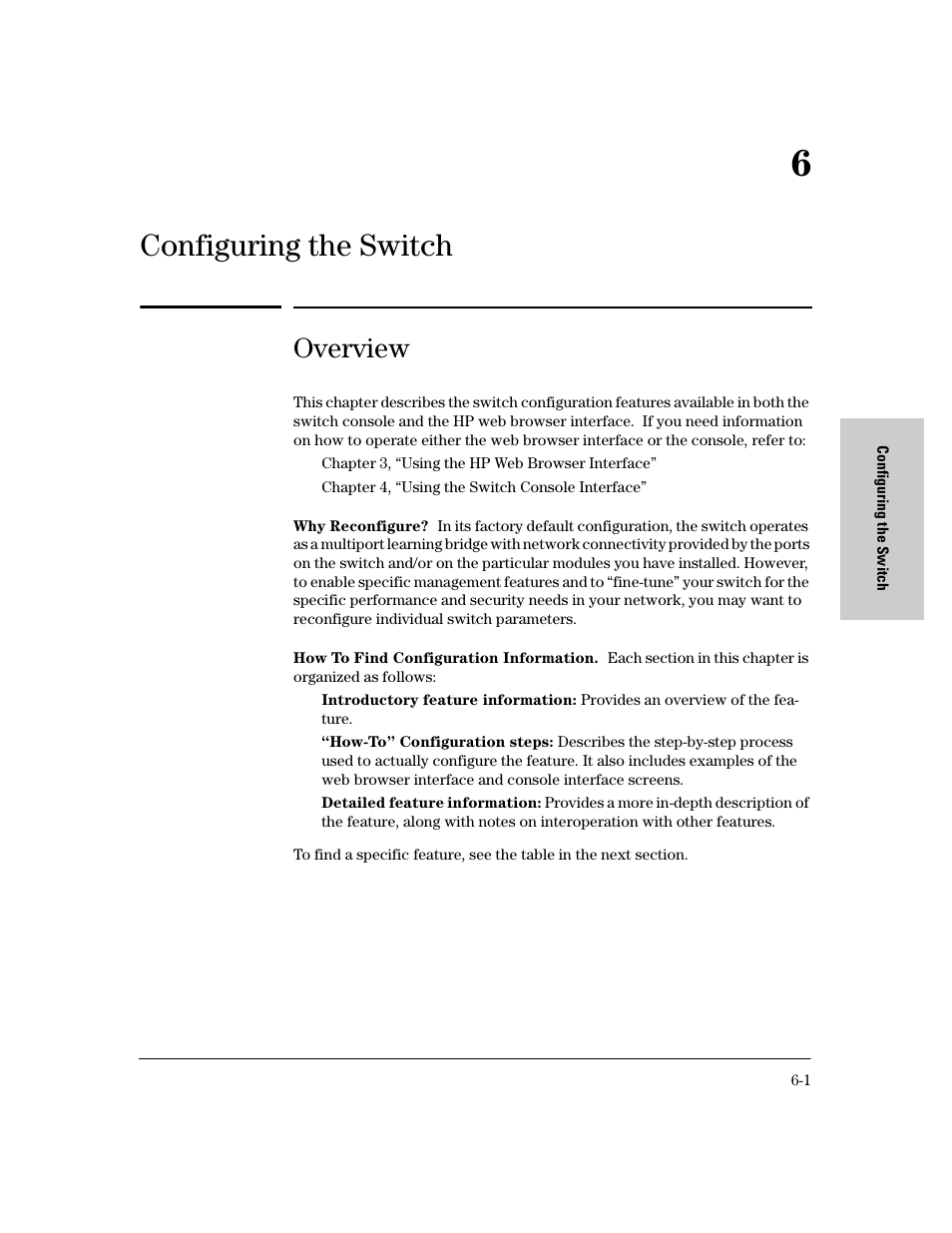 Chapter 6: configuring the switch, Overview, 6 configuring the switch | Configuring the switch | HP 8000M User Manual | Page 77 / 304