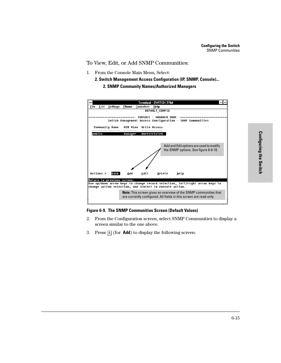 To view, edit, or add snmp communities, To view, edit, or add snmp communities: -15 | HP 8000M User Manual | Page 91 / 304