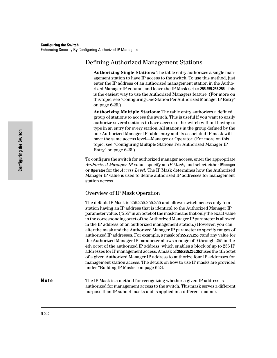 Defining authorized management stations, Overview of ip mask operation, Defining authorized management stations -22 | Overview of ip mask operation -22 | HP 8000M User Manual | Page 98 / 304