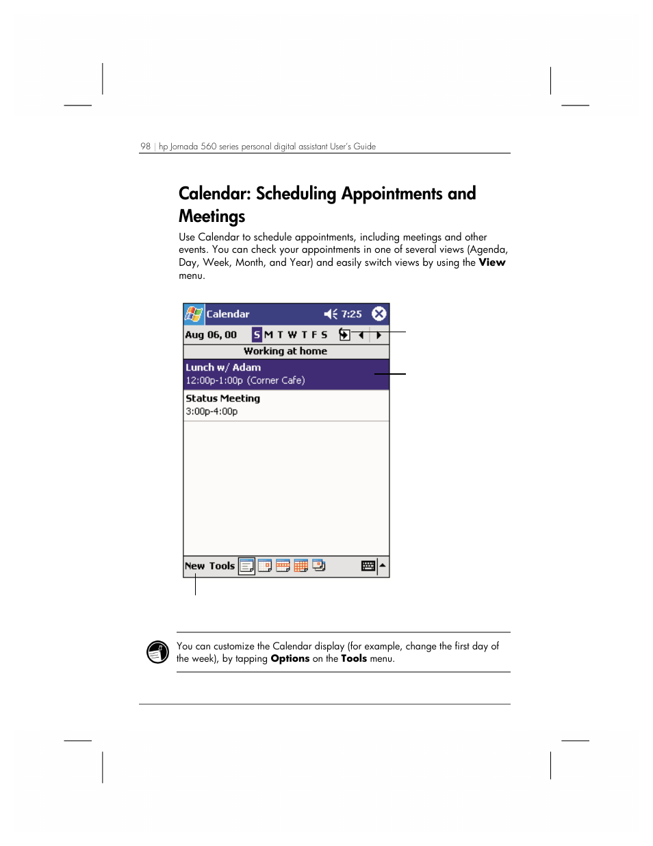 Calendar, Calendar: scheduling appointments and meetings | HP 560 Series User Manual | Page 102 / 172