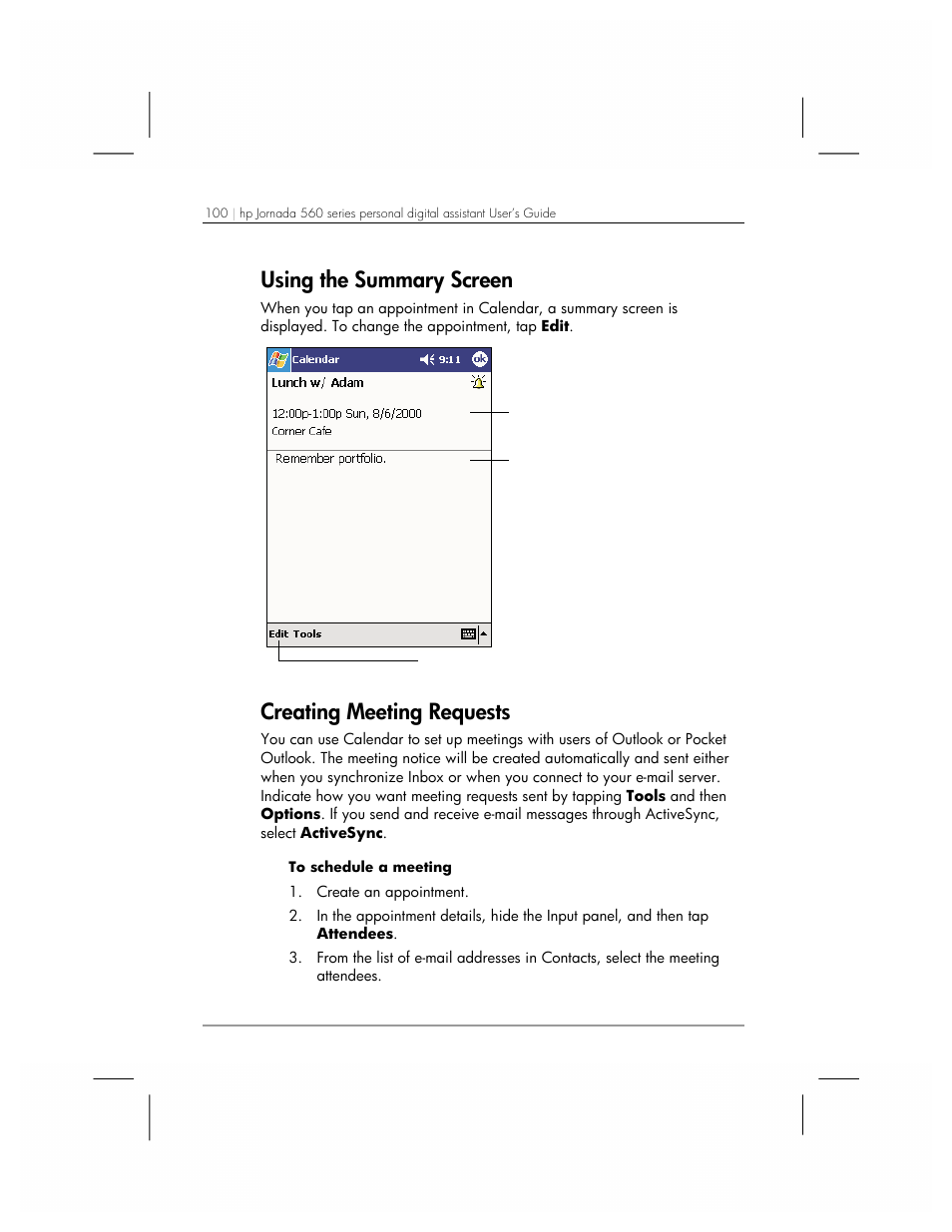 Using the summary screen, Creating meeting requests | HP 560 Series User Manual | Page 104 / 172
