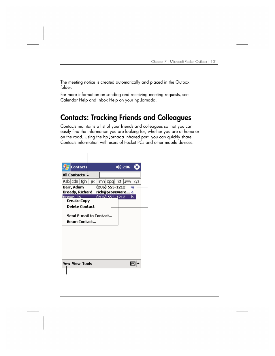 Contacts, Contacts: tracking friends and colleagues | HP 560 Series User Manual | Page 105 / 172