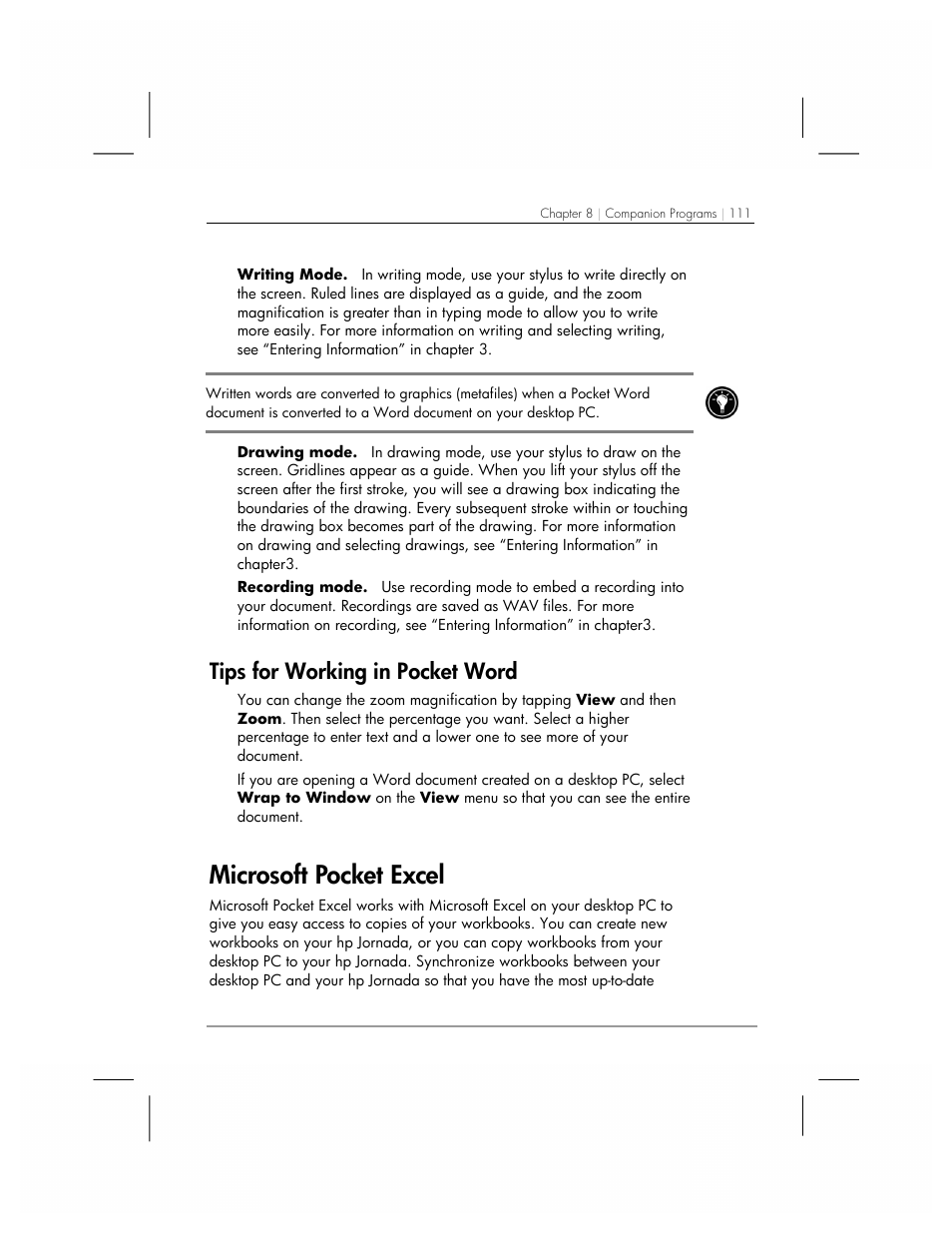 Microsoft pocket excel, Tips for working in pocket word | HP 560 Series User Manual | Page 115 / 172