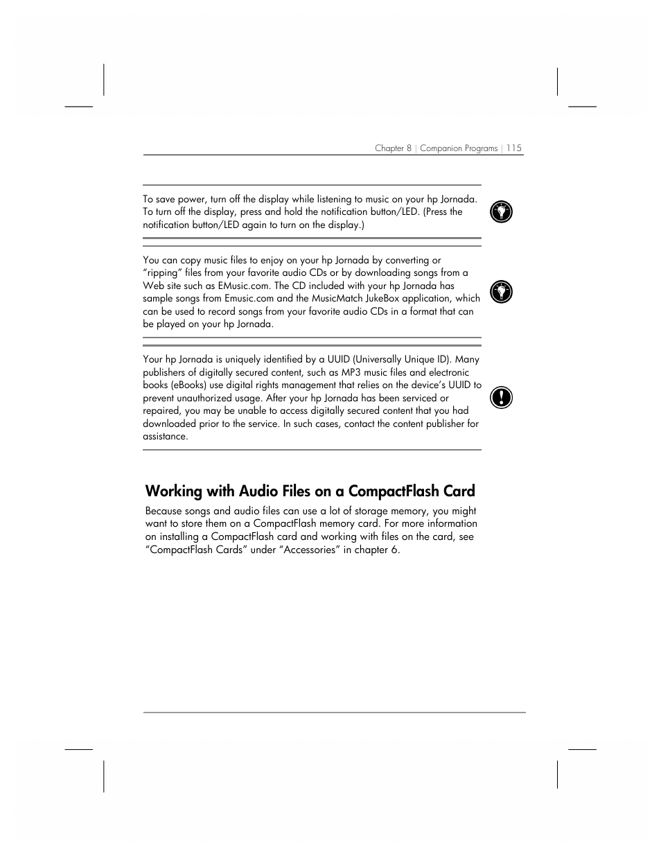 Working with audio files on a compactflash card | HP 560 Series User Manual | Page 119 / 172
