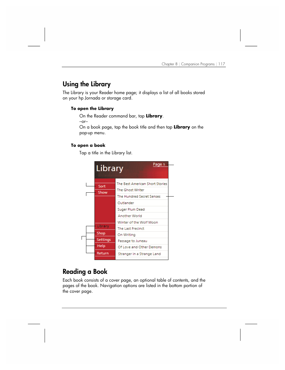 Using the library, Reading a book | HP 560 Series User Manual | Page 121 / 172