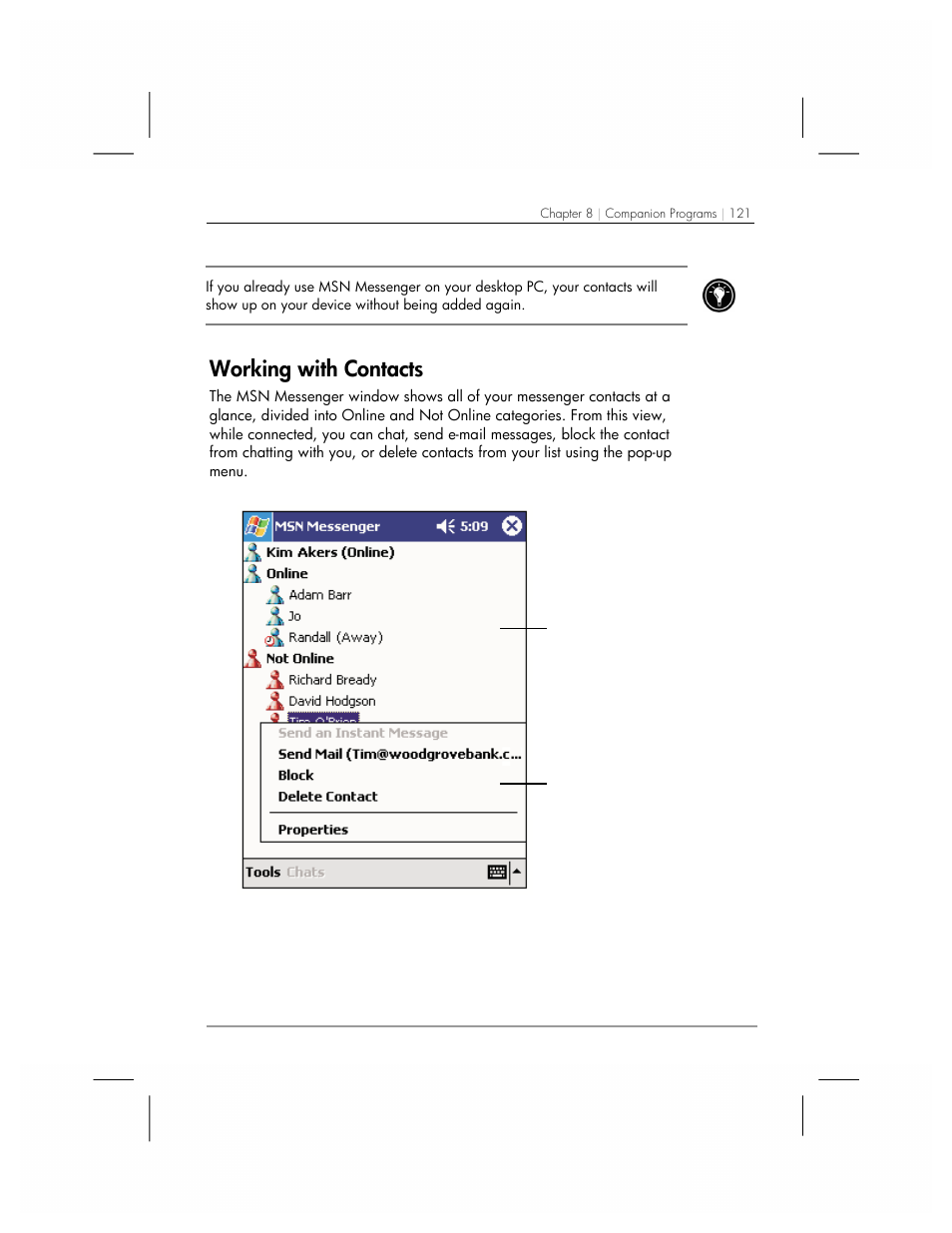 Working with contacts | HP 560 Series User Manual | Page 125 / 172