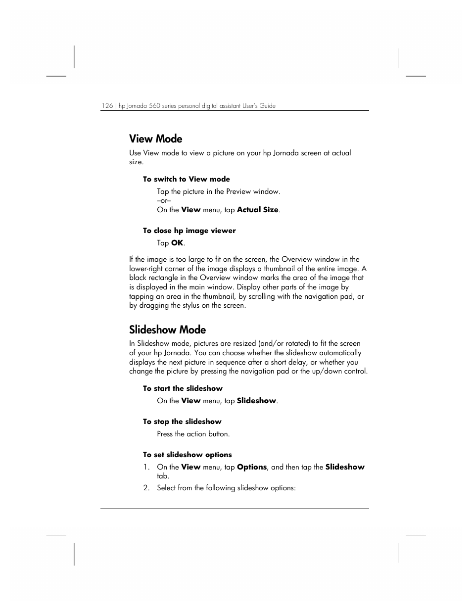 View mode, Slideshow mode | HP 560 Series User Manual | Page 130 / 172