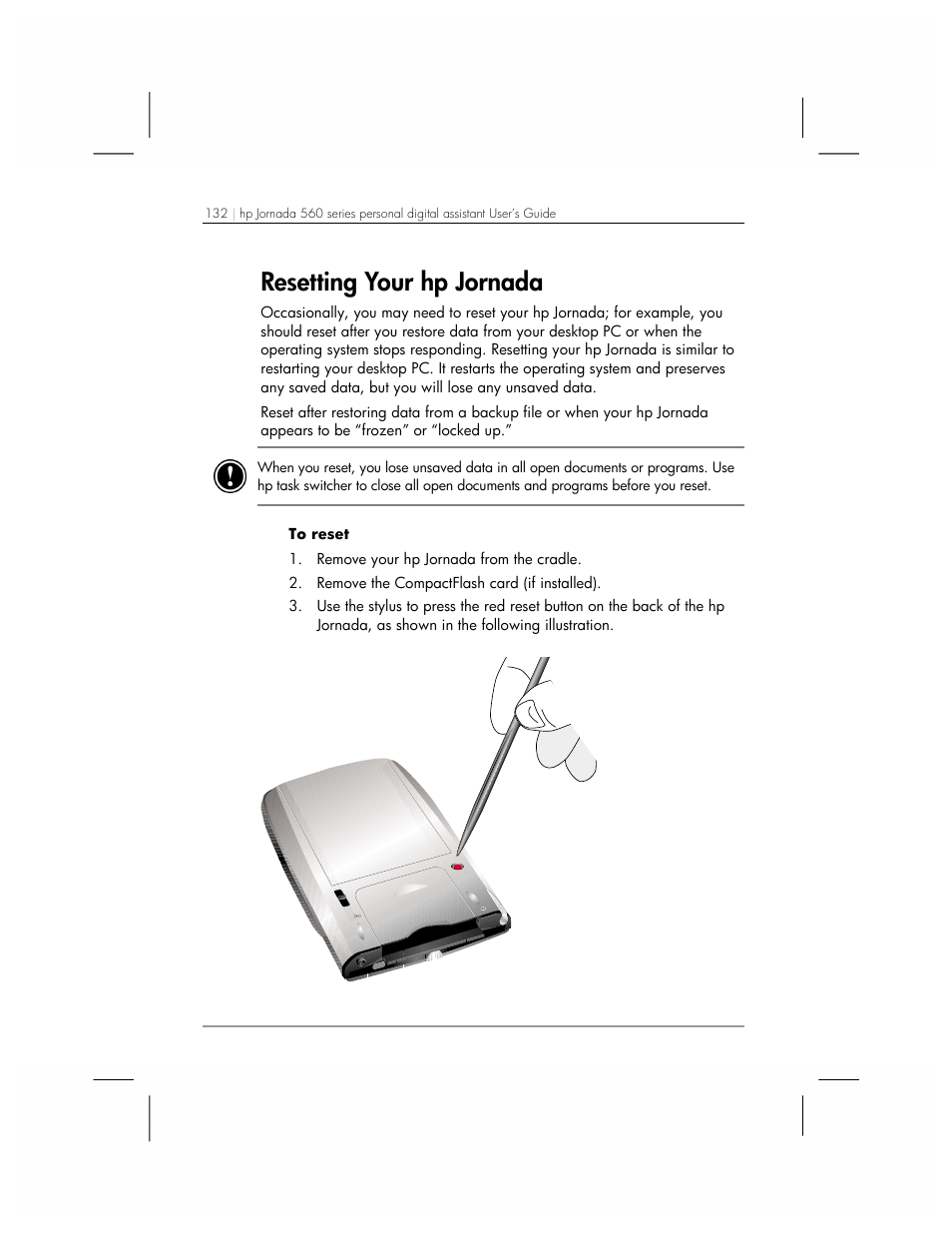 Resetting your hp jornada | HP 560 Series User Manual | Page 136 / 172