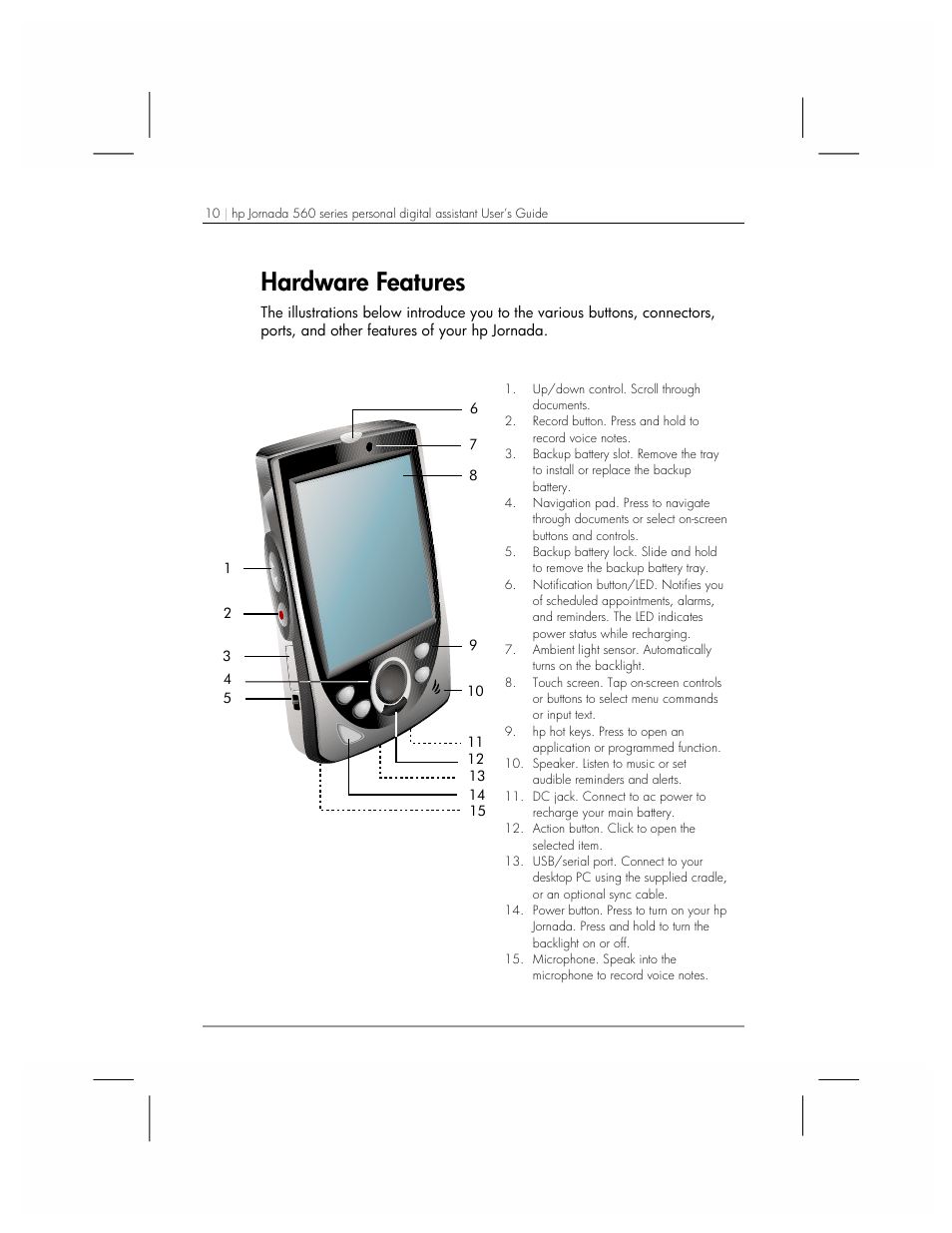 Hardware features | HP 560 Series User Manual | Page 14 / 172