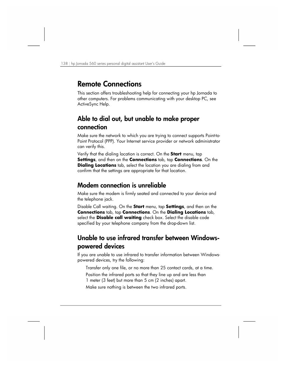 Remote connections, Modem connection is unreliable | HP 560 Series User Manual | Page 142 / 172
