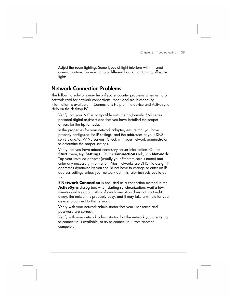 Network connection problems | HP 560 Series User Manual | Page 143 / 172
