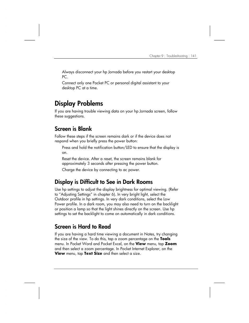 Display problems, Screen is blank, Display is difficult to see in dark rooms | Screen is hard to read | HP 560 Series User Manual | Page 145 / 172