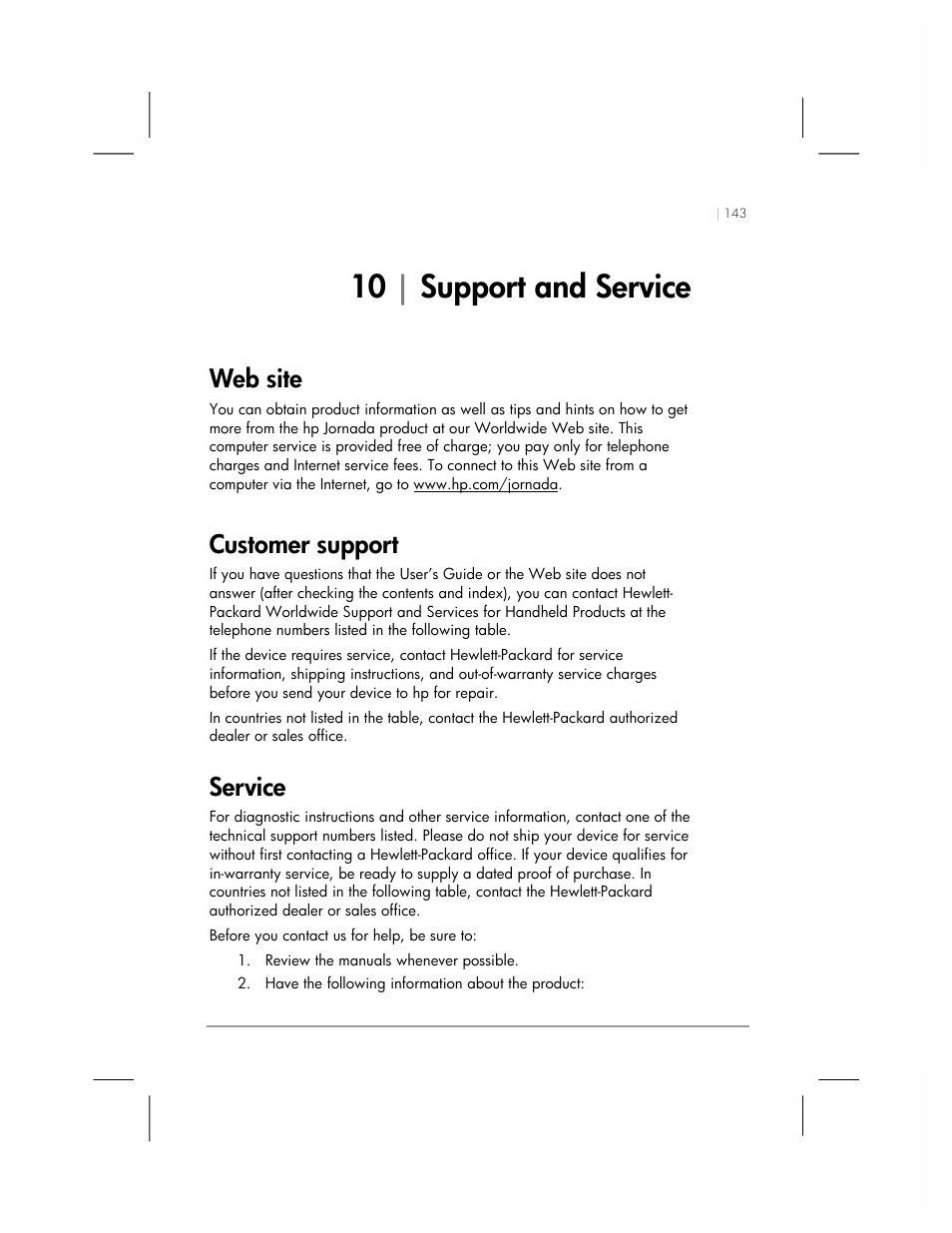 10 support and service, Web site, Customer support | Service, 10 | support and service | HP 560 Series User Manual | Page 147 / 172