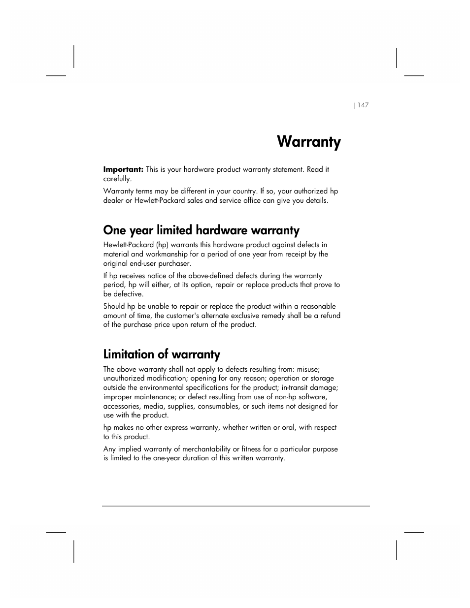 Warranty, One year limited hardware warranty, Limitation of warranty | HP 560 Series User Manual | Page 151 / 172