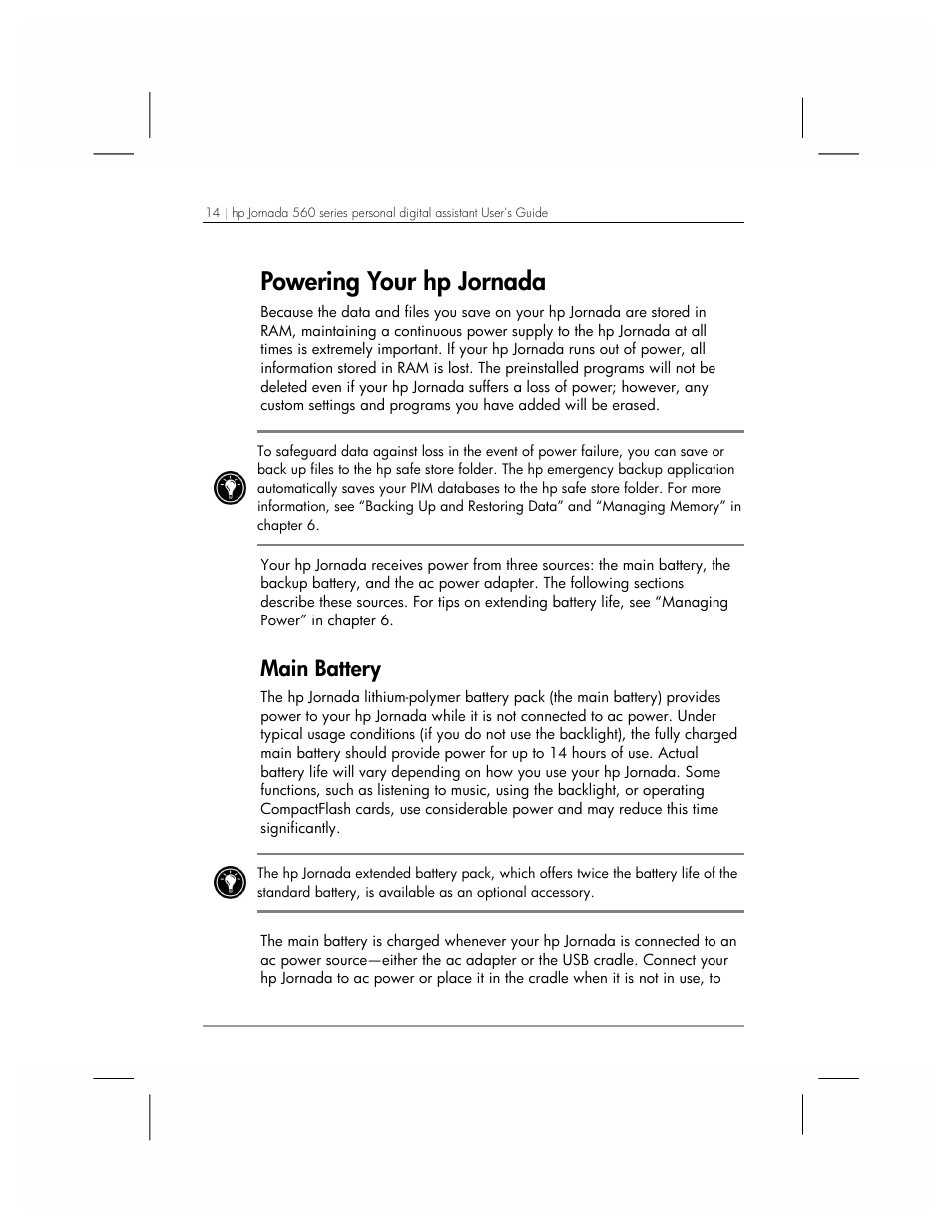 Powering your hp jornada, Main battery | HP 560 Series User Manual | Page 18 / 172