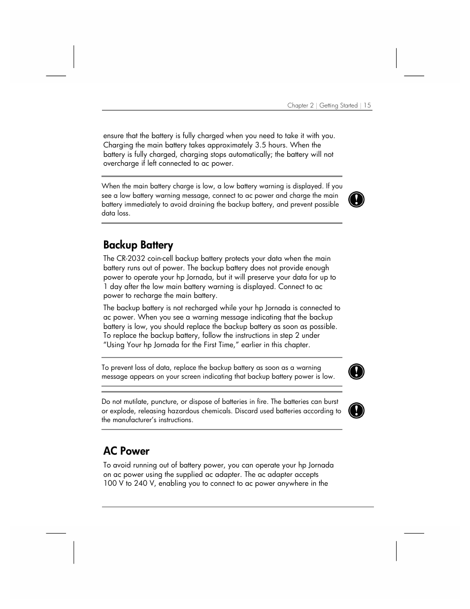 Backup battery, Ac power | HP 560 Series User Manual | Page 19 / 172