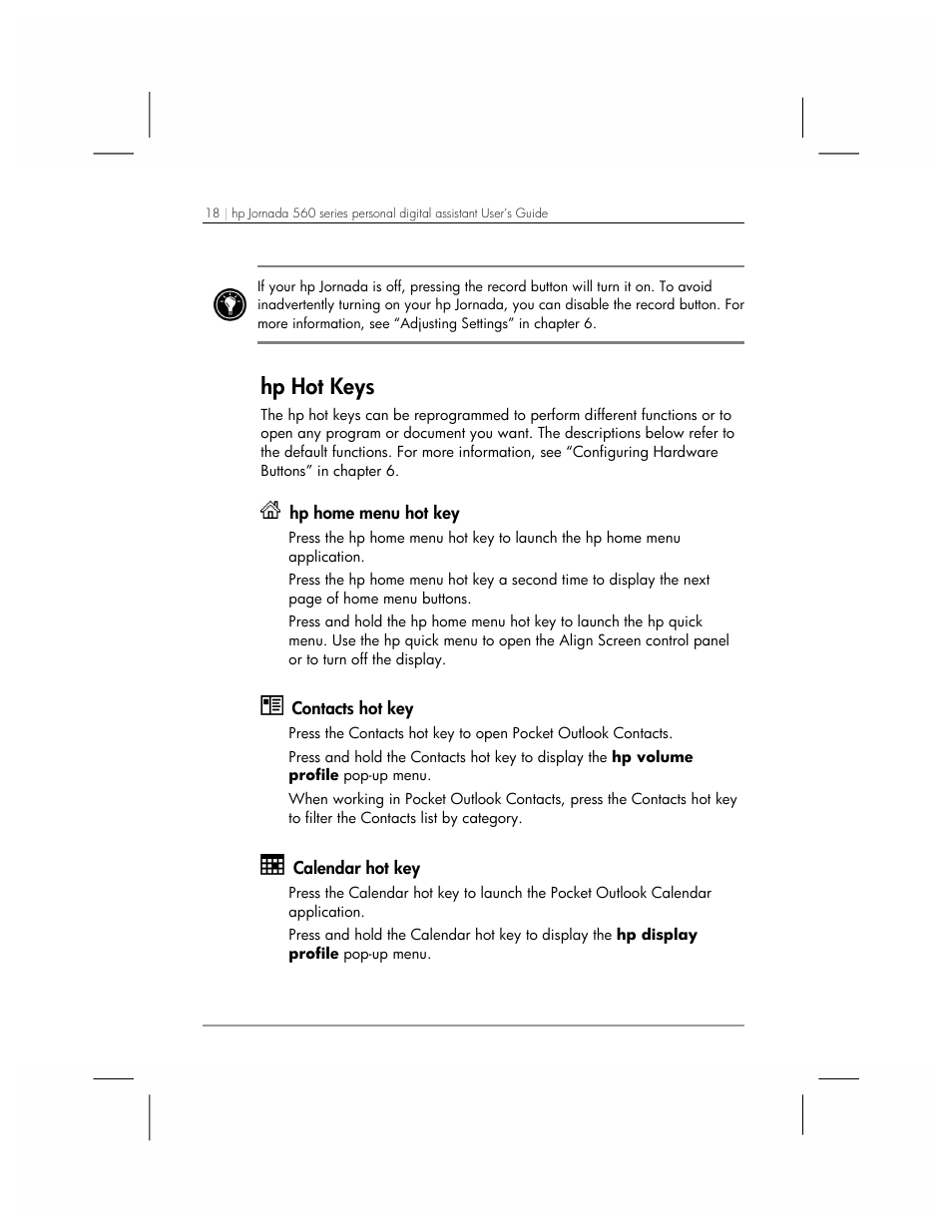 Hp hot keys | HP 560 Series User Manual | Page 22 / 172