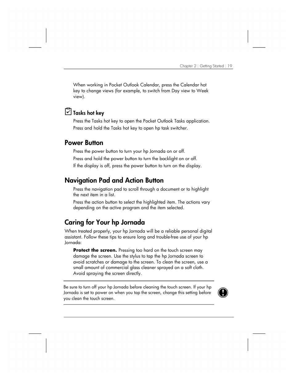 Power button, Navigation pad and action button, Caring for your hp jornada | HP 560 Series User Manual | Page 23 / 172
