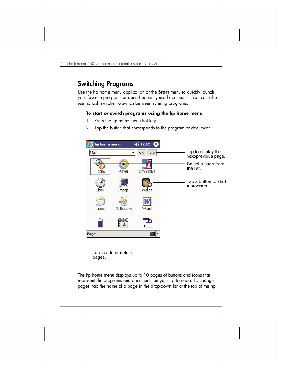 Switching programs | HP 560 Series User Manual | Page 28 / 172