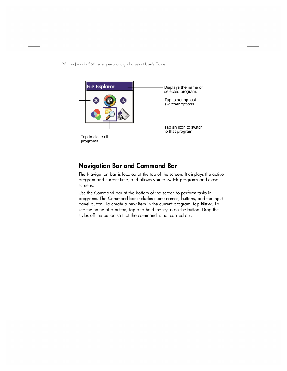 Navigation bar and command bar | HP 560 Series User Manual | Page 30 / 172