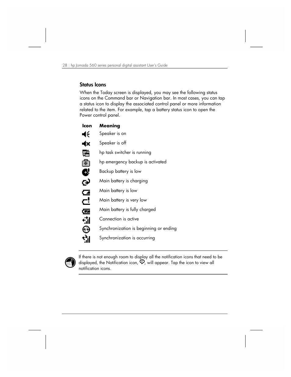 Status icons | HP 560 Series User Manual | Page 32 / 172