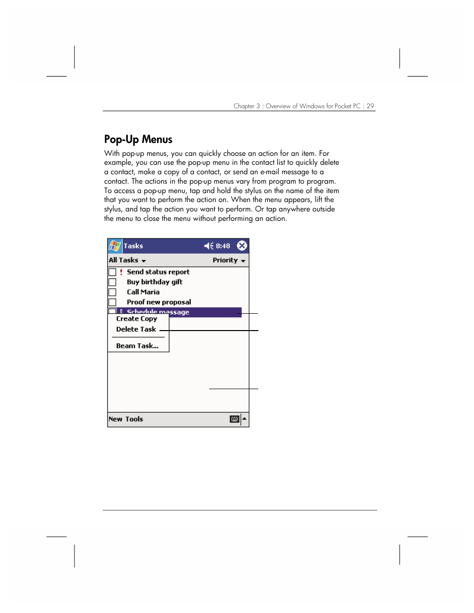 Pop-up menus | HP 560 Series User Manual | Page 33 / 172