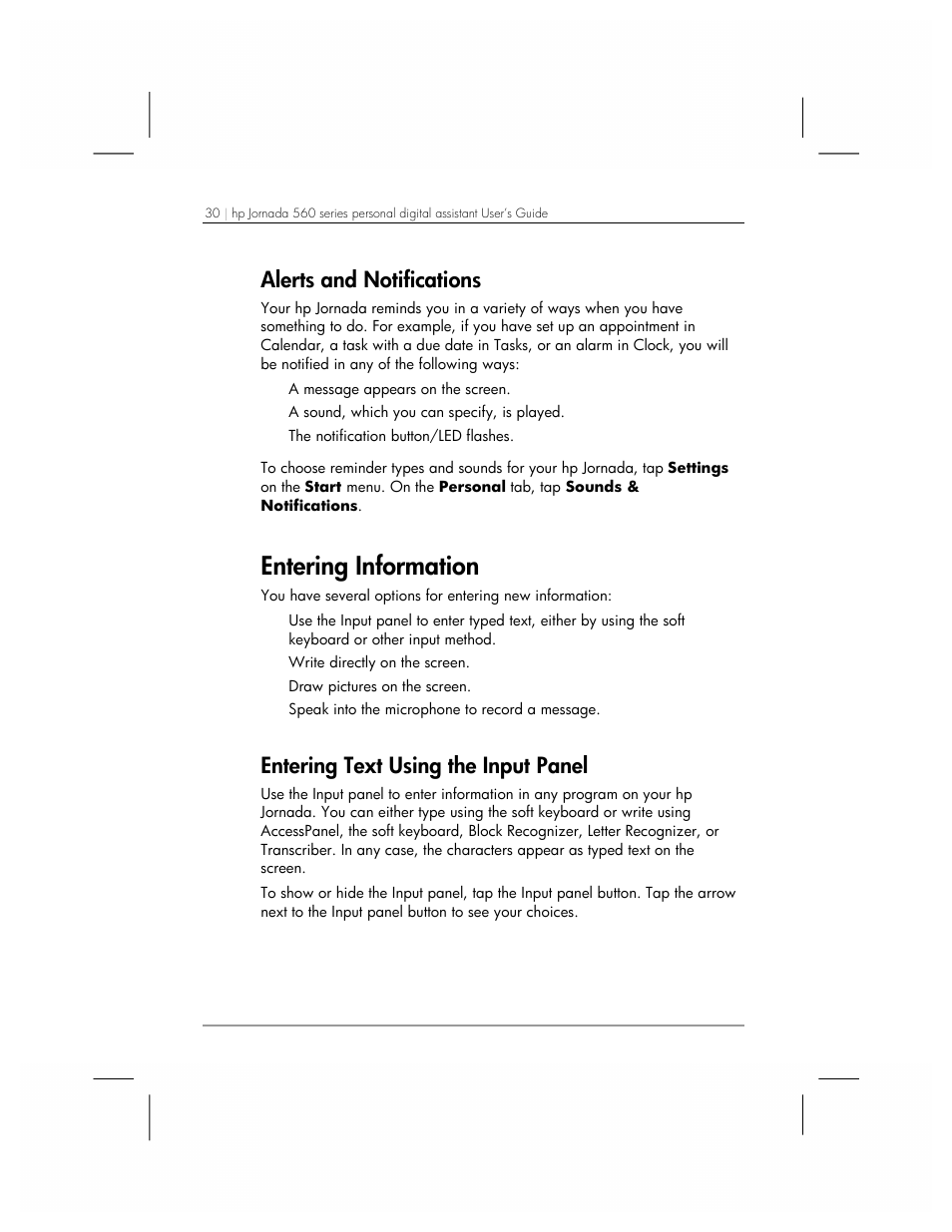 Entering information, Alerts and notifications, Entering text using the input panel | HP 560 Series User Manual | Page 34 / 172