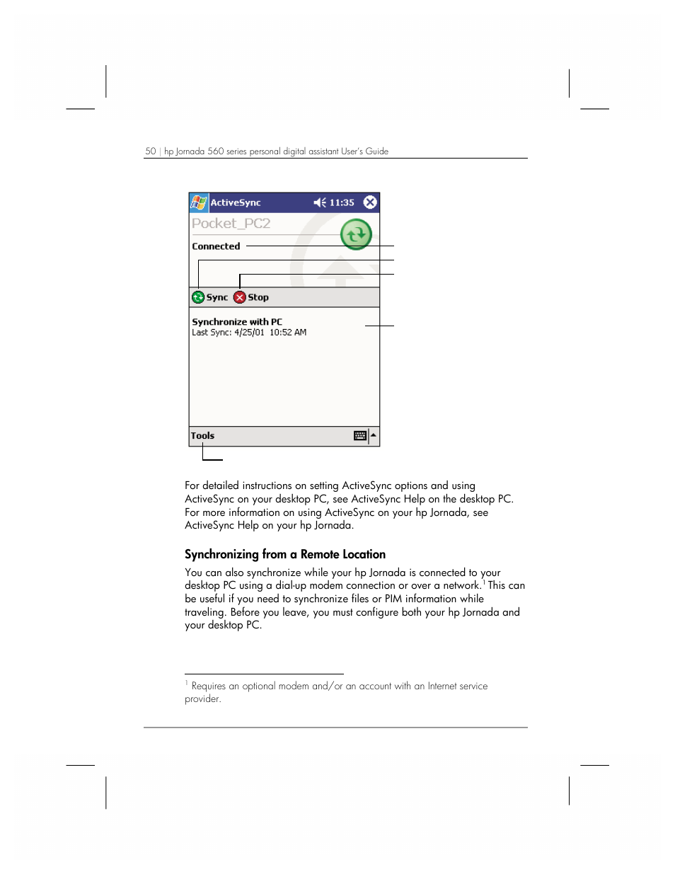 Synchronizing from a remote location | HP 560 Series User Manual | Page 54 / 172