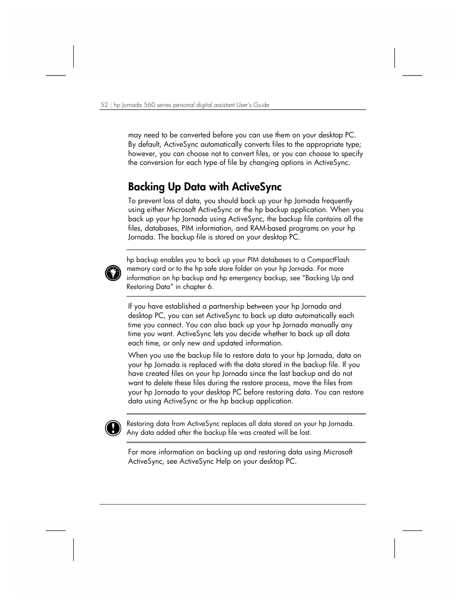 Backing up data with activesync | HP 560 Series User Manual | Page 56 / 172