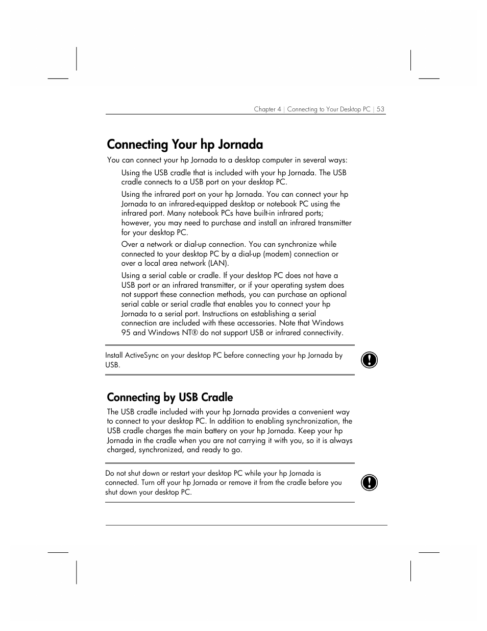 Connecting your hp jornada, Connecting by usb cradle | HP 560 Series User Manual | Page 57 / 172