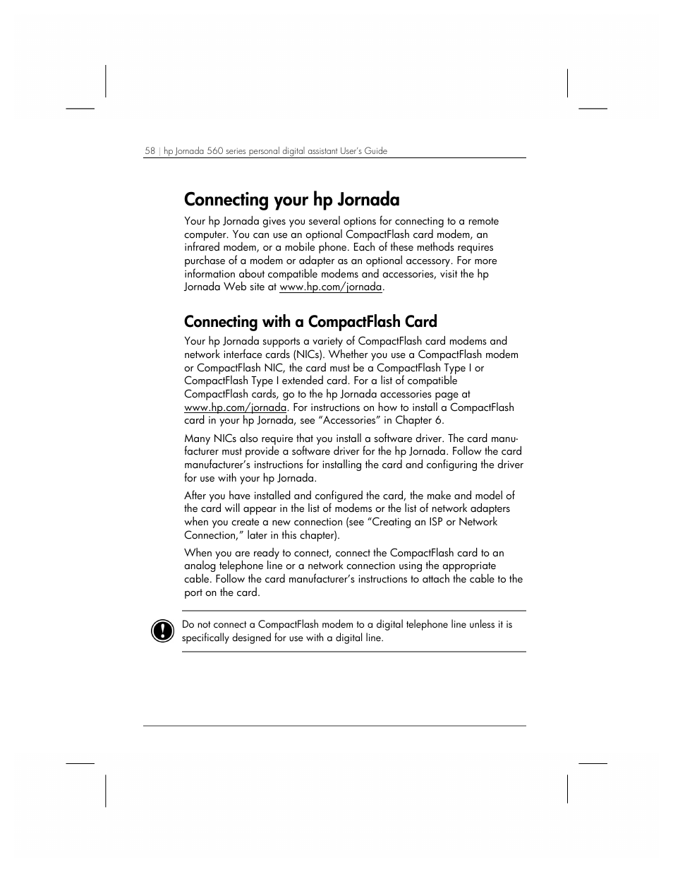 Connecting your hp jornada, Connecting with a compactflash card | HP 560 Series User Manual | Page 62 / 172