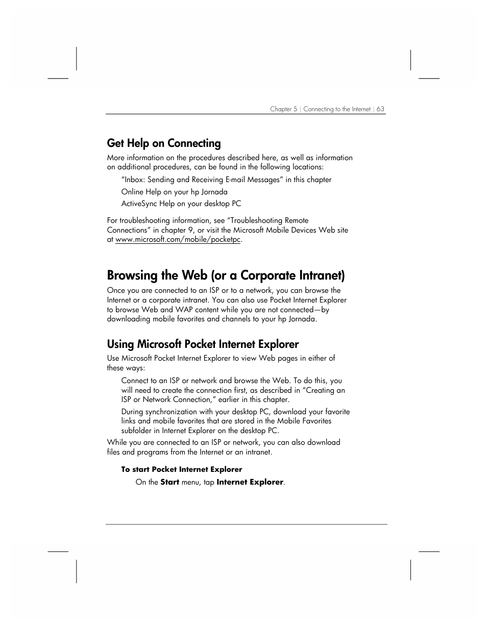 Browsing the web (or a corporate intranet), Get help on connecting, Using microsoft pocket internet explorer | HP 560 Series User Manual | Page 67 / 172
