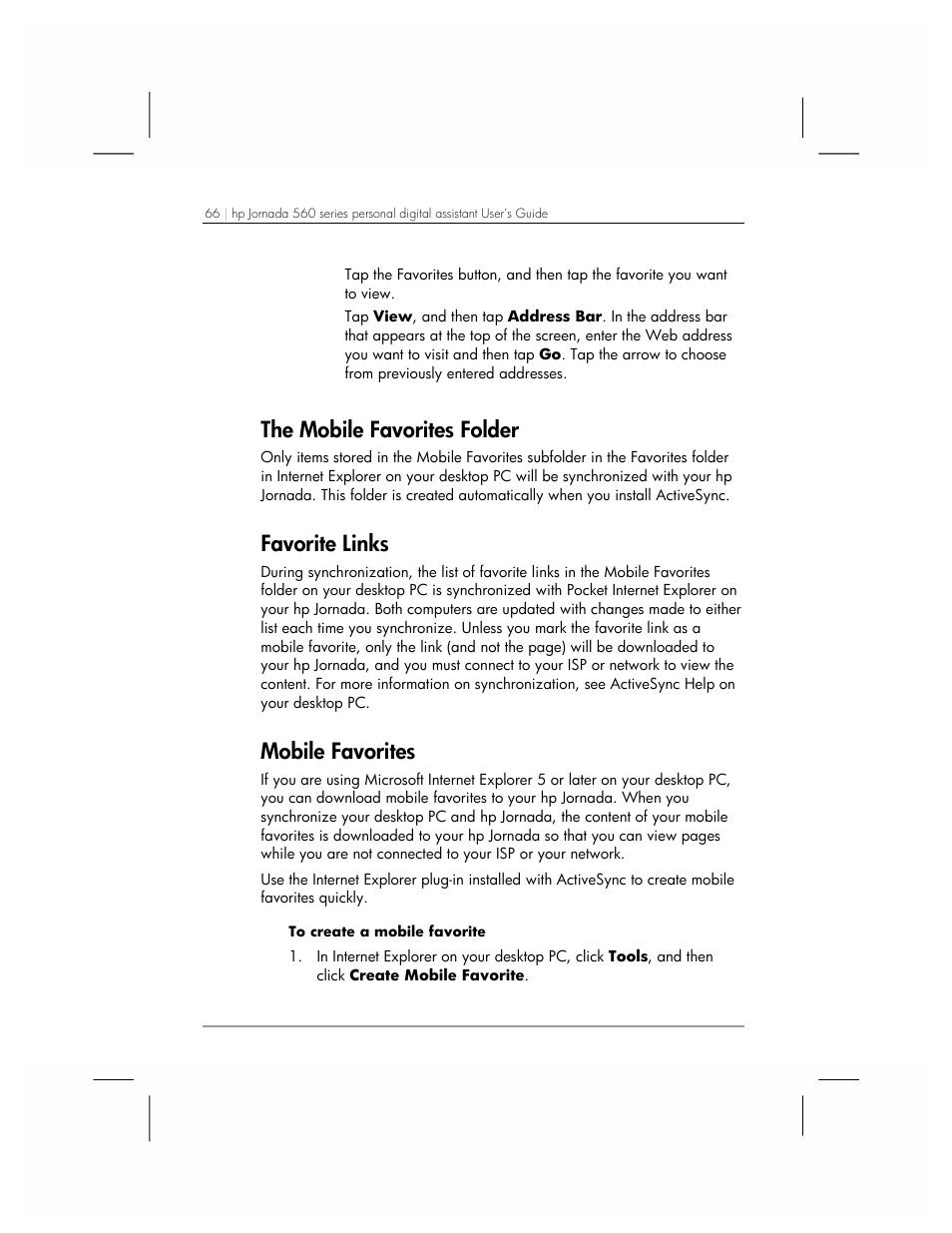 The mobile favorites folder, Favorite links, Mobile favorites | HP 560 Series User Manual | Page 70 / 172