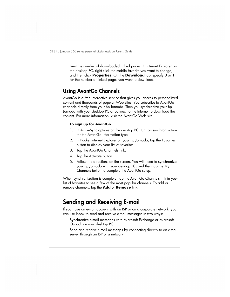 Sending and receiving e-mail, Using avantgo channels | HP 560 Series User Manual | Page 72 / 172