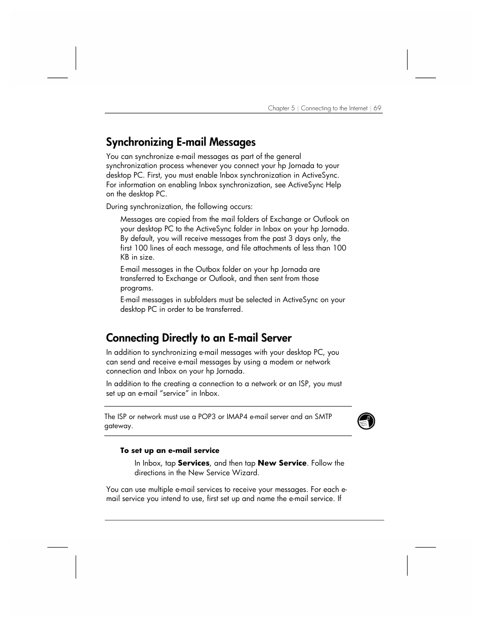Synchronizing e-mail messages, Connecting directly to an e-mail server | HP 560 Series User Manual | Page 73 / 172