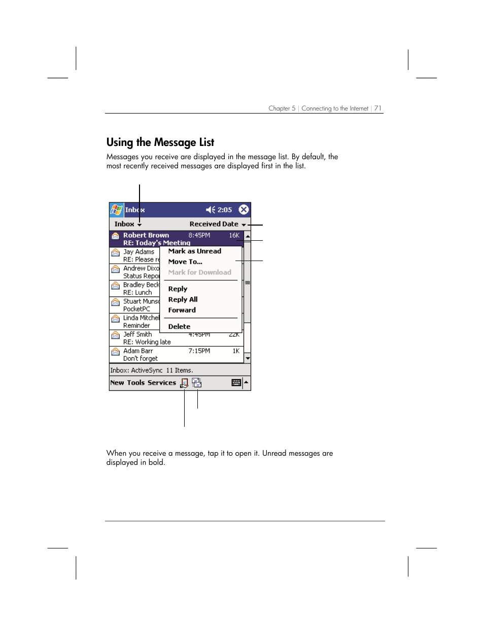 Using the message list | HP 560 Series User Manual | Page 75 / 172