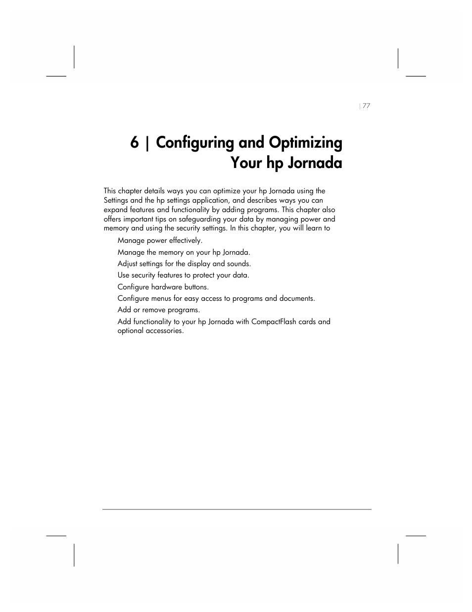 6 configuring and optimizing your hp jornada, 6 | configuring and optimizing your hp jornada | HP 560 Series User Manual | Page 81 / 172