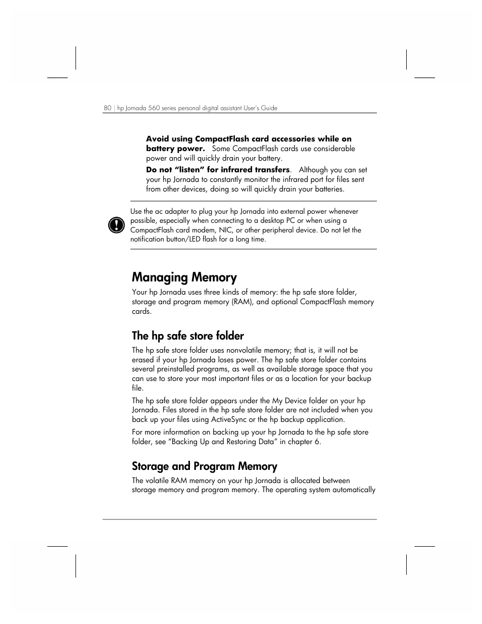 Managing memory, The hp safe store folder | HP 560 Series User Manual | Page 84 / 172