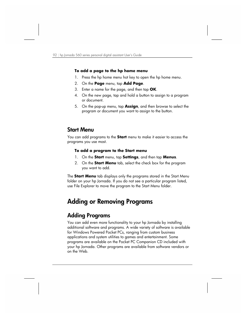 Adding or removing programs, Start menu, Adding programs | HP 560 Series User Manual | Page 96 / 172