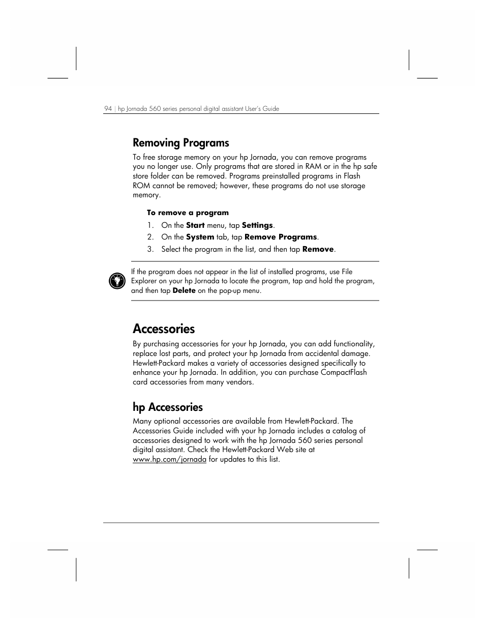 Accessories, Removing programs, Hp accessories | HP 560 Series User Manual | Page 98 / 172